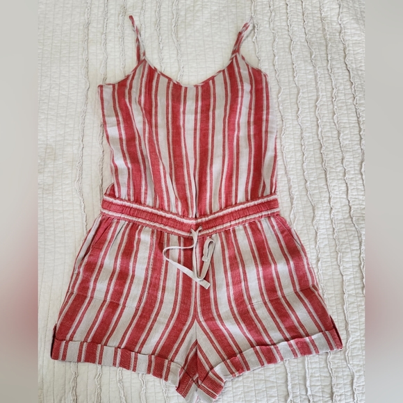 LOFT Pants - Ann Taylor Loft Linen Blend Coral Striped Romper, Size 10